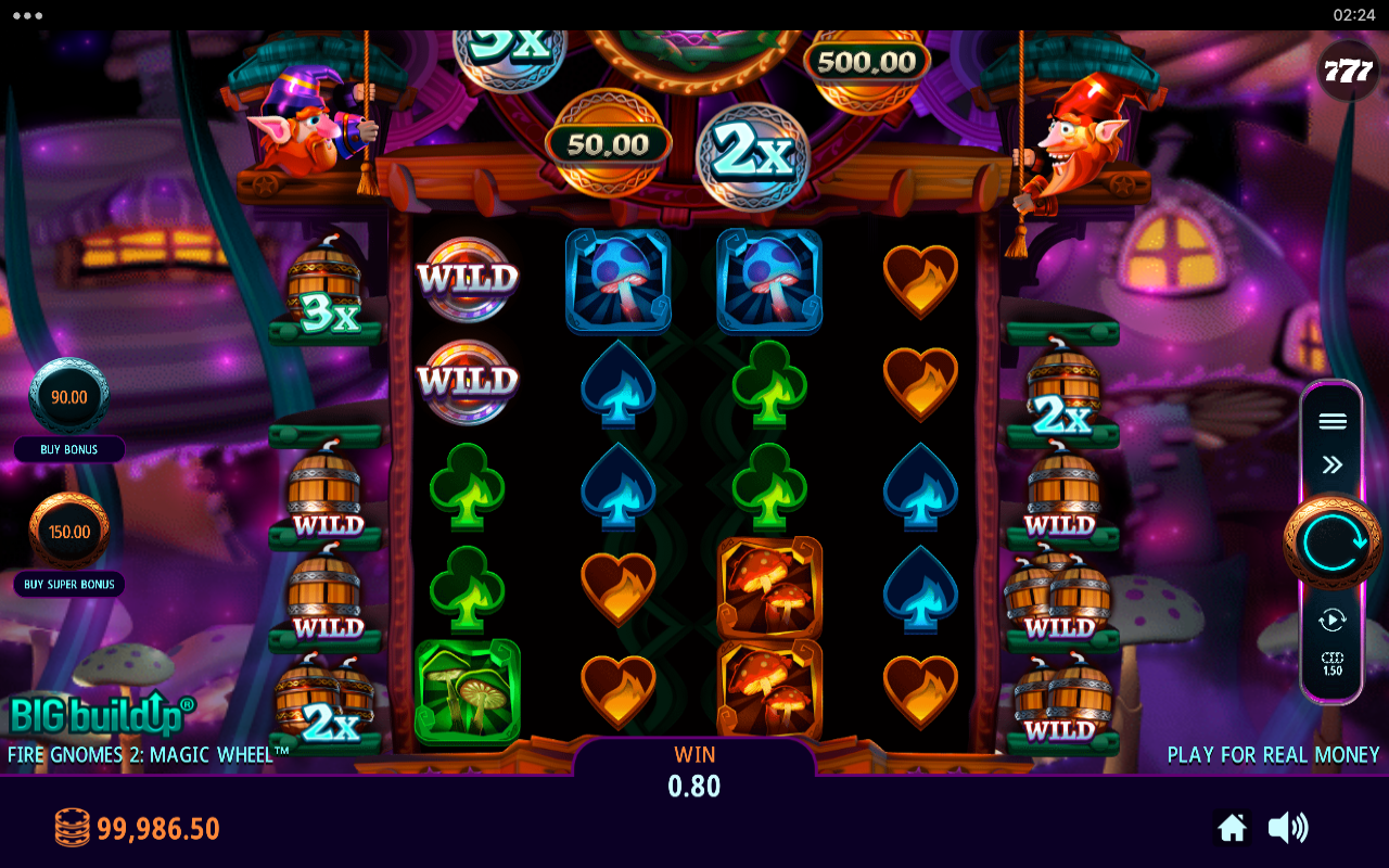 Fire Gnomes 2 Magic Wheel base game 4 by 5 grid in the enchanted mushroom forest, showing card-suit and mushroom symbols, Wilds and the Big BuildUp side meters with silver and gold prize values