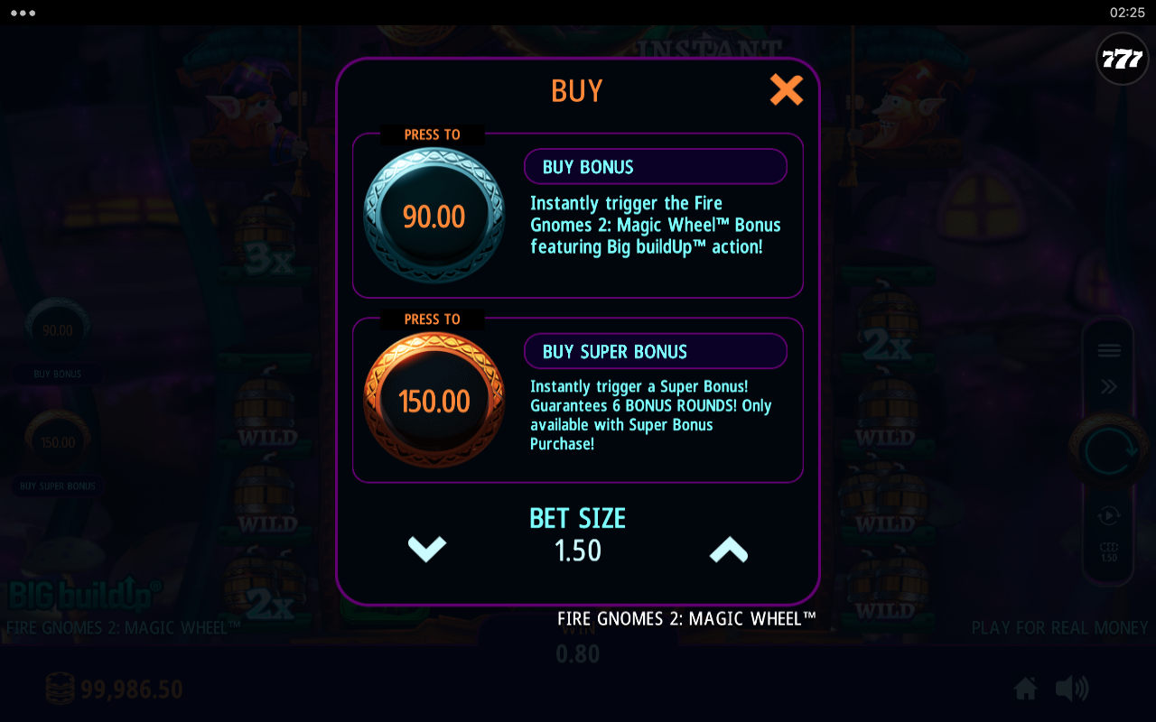 Fire Gnomes 2 Magic Wheel bonus buy menu showing the two tiers, a standard Buy Bonus at 60 times the bet and a Buy Super Bonus at 100 times the bet that guarantees six bonus rounds