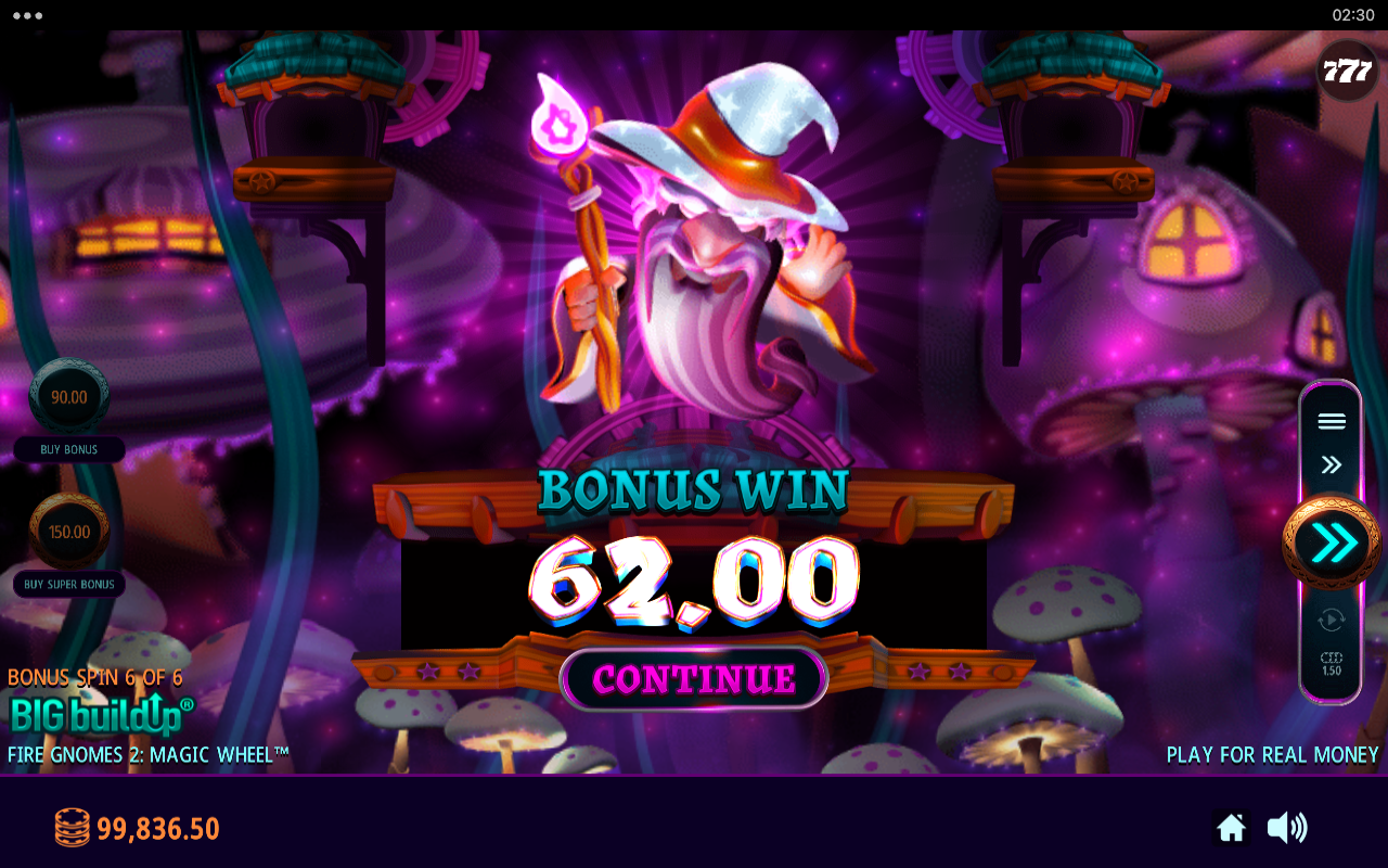 Fire Gnomes 2 Magic Wheel bonus result screen with the hooded wizard character and the total bonus win displayed above a continue button