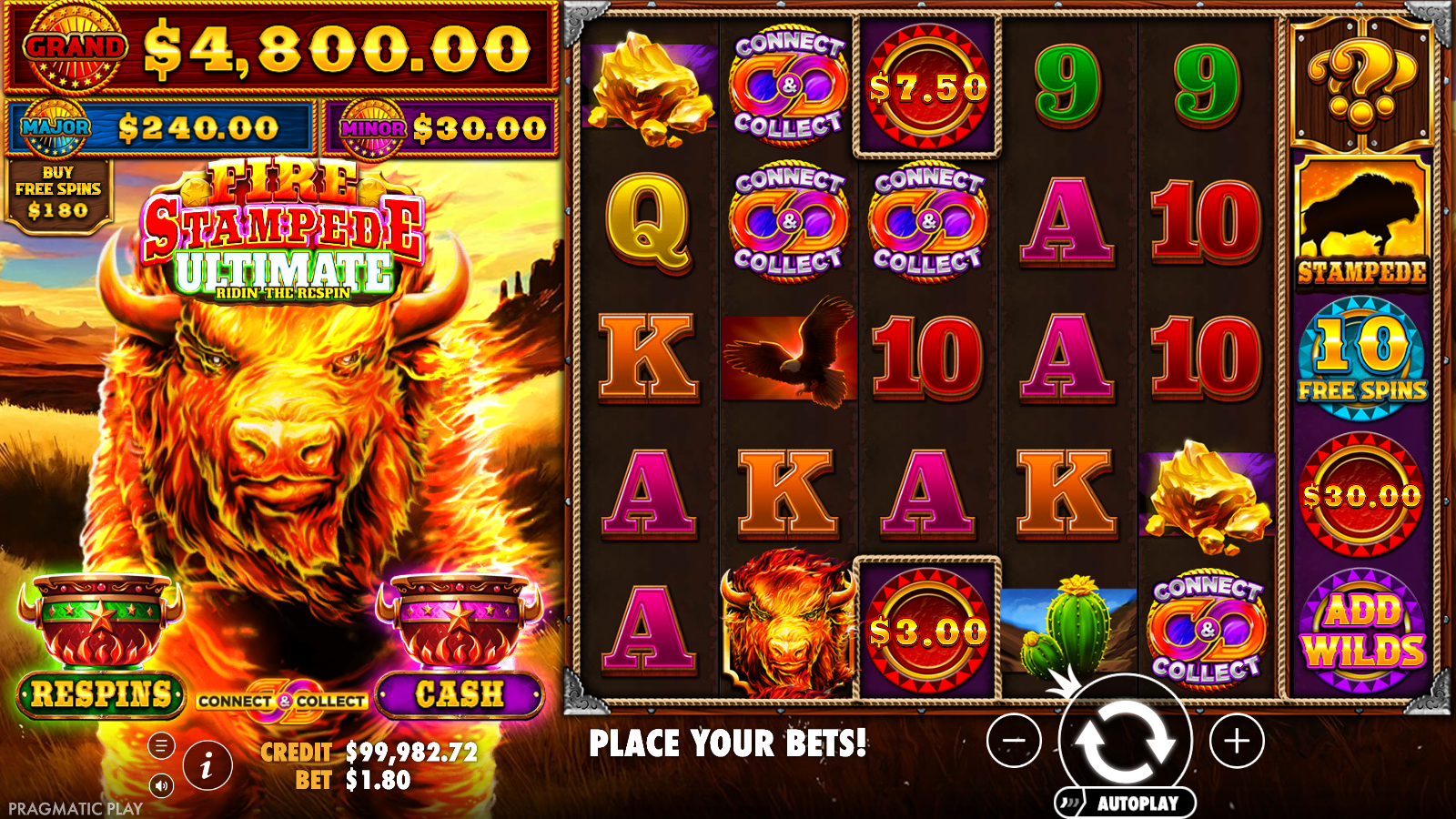 Fire Stampede Ultimate base game grid with reel 3 special positions and the prize column