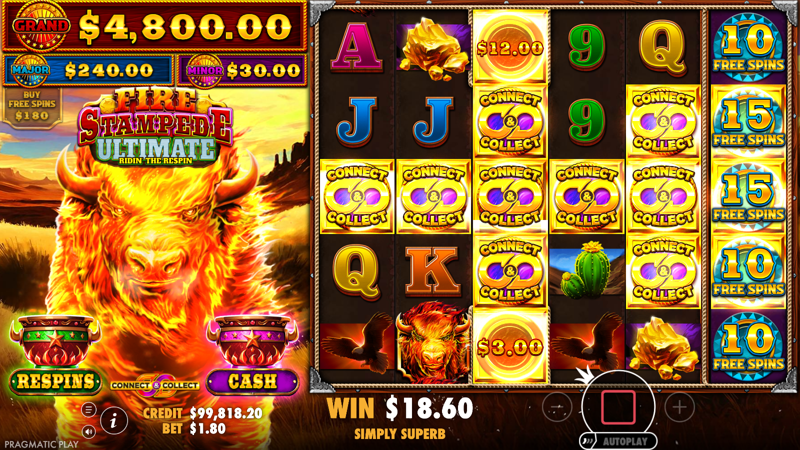 Connect and Collect chain lit across the reels reaching the reel 3 special positions and three free spins discs