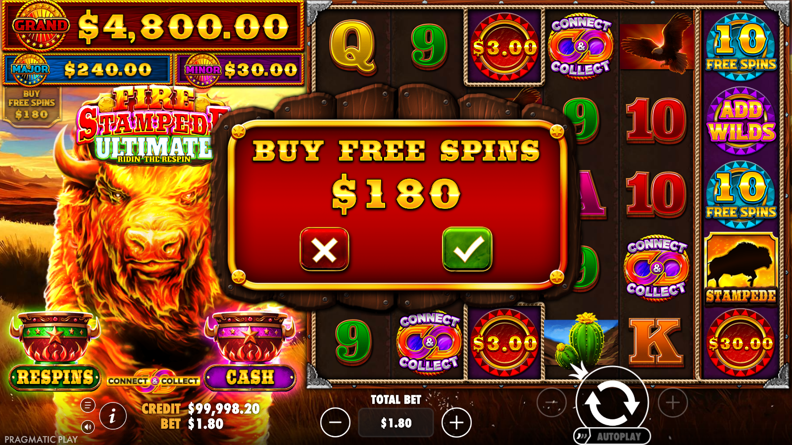 Buy Free Spins confirmation board asking A$180 with the total bet shown below it