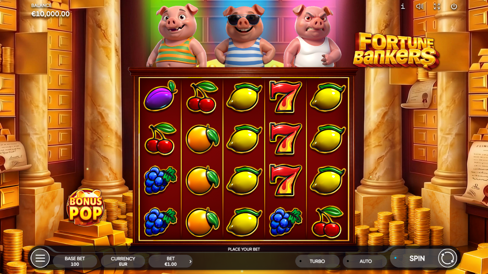 Fortune Bankers 5x4 cluster grid in idle state with three pig banker characters above the reels and the Bonus Pop button on the left