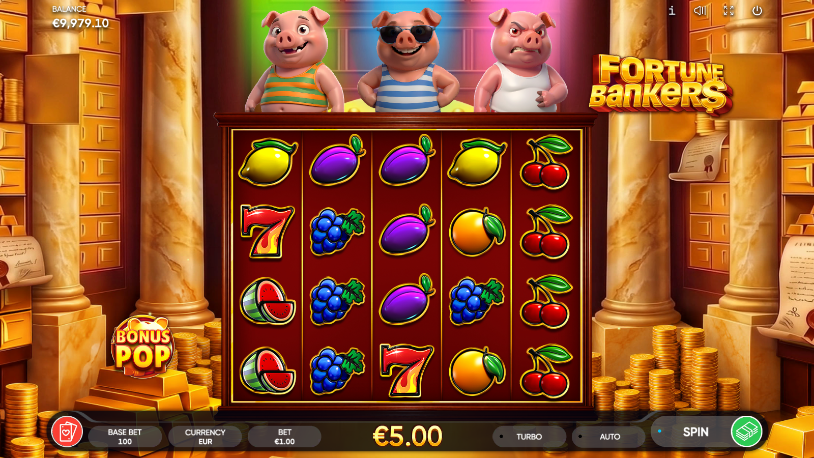 Mid-win state with a five-times stake payout on a single spin and a grapes cluster forming across reels two and three
