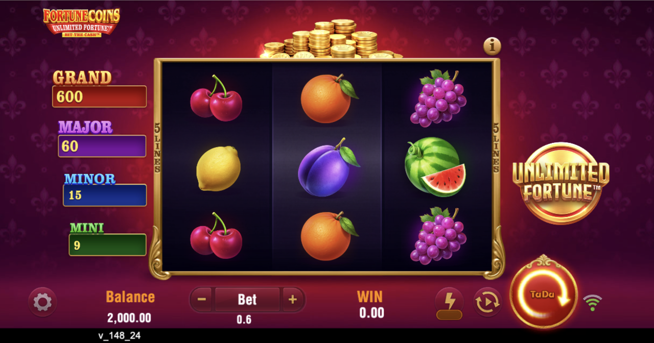 Fortune Coins Unlimited Fortune base game 3x3 grid with fruit symbols and the jackpot ladder