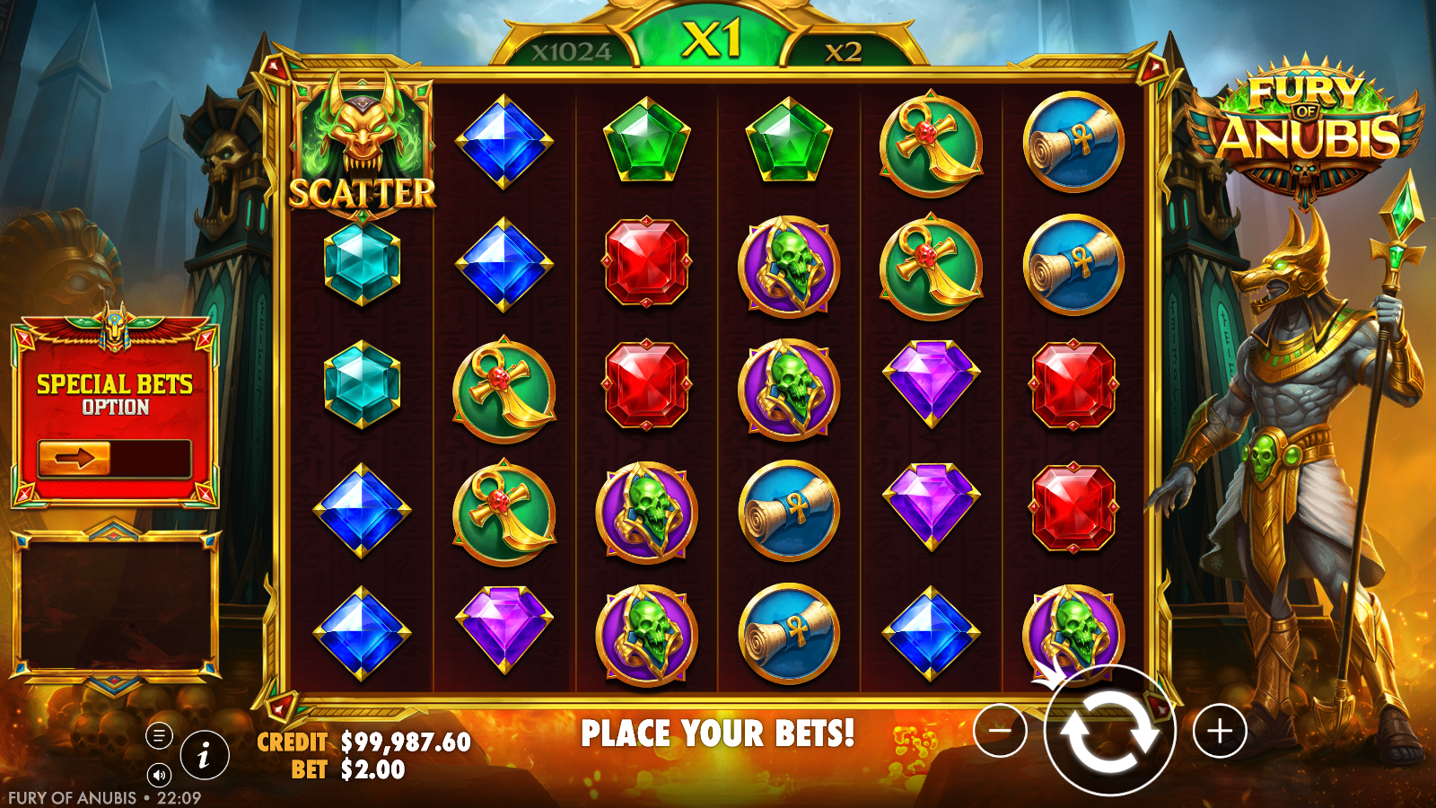 Fury of Anubis base game, the 6×5 Pay Anywhere grid at rest with the tumble multiplier on its base step and an Anubis Scatter in the top-left