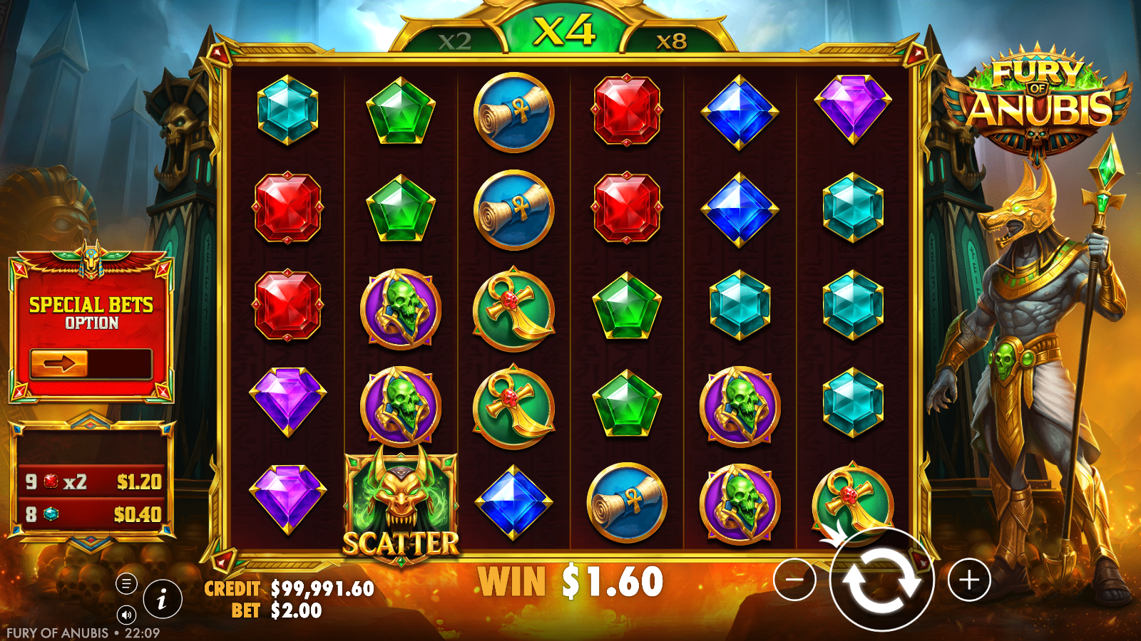 Fury of Anubis winning tumble, the multiplier ladder stepped up during a cascade with the win breakdown shown to the side