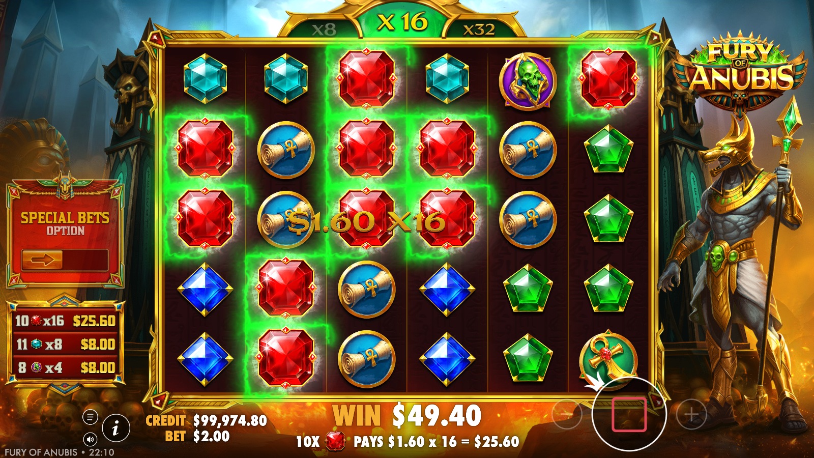 Fury of Anubis stacked-multiplier win, a deep cascade chain with a floating value-times-multiplier callout and highlighted winning clusters across the grid