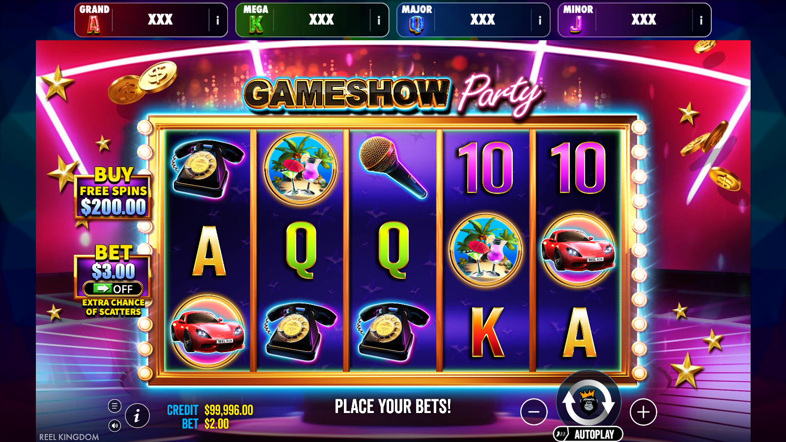 Gameshow Party Jackpot Play base game, five reels of three under the four jackpot meters