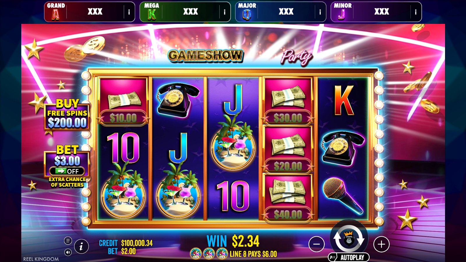 A base game win in Gameshow Party Jackpot Play credited to payline 8