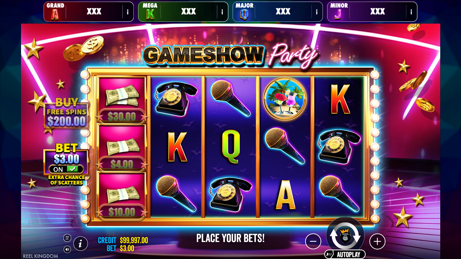 The EXTRA CHANCE OF SCATTERS ante toggle switched on in Gameshow Party Jackpot Play