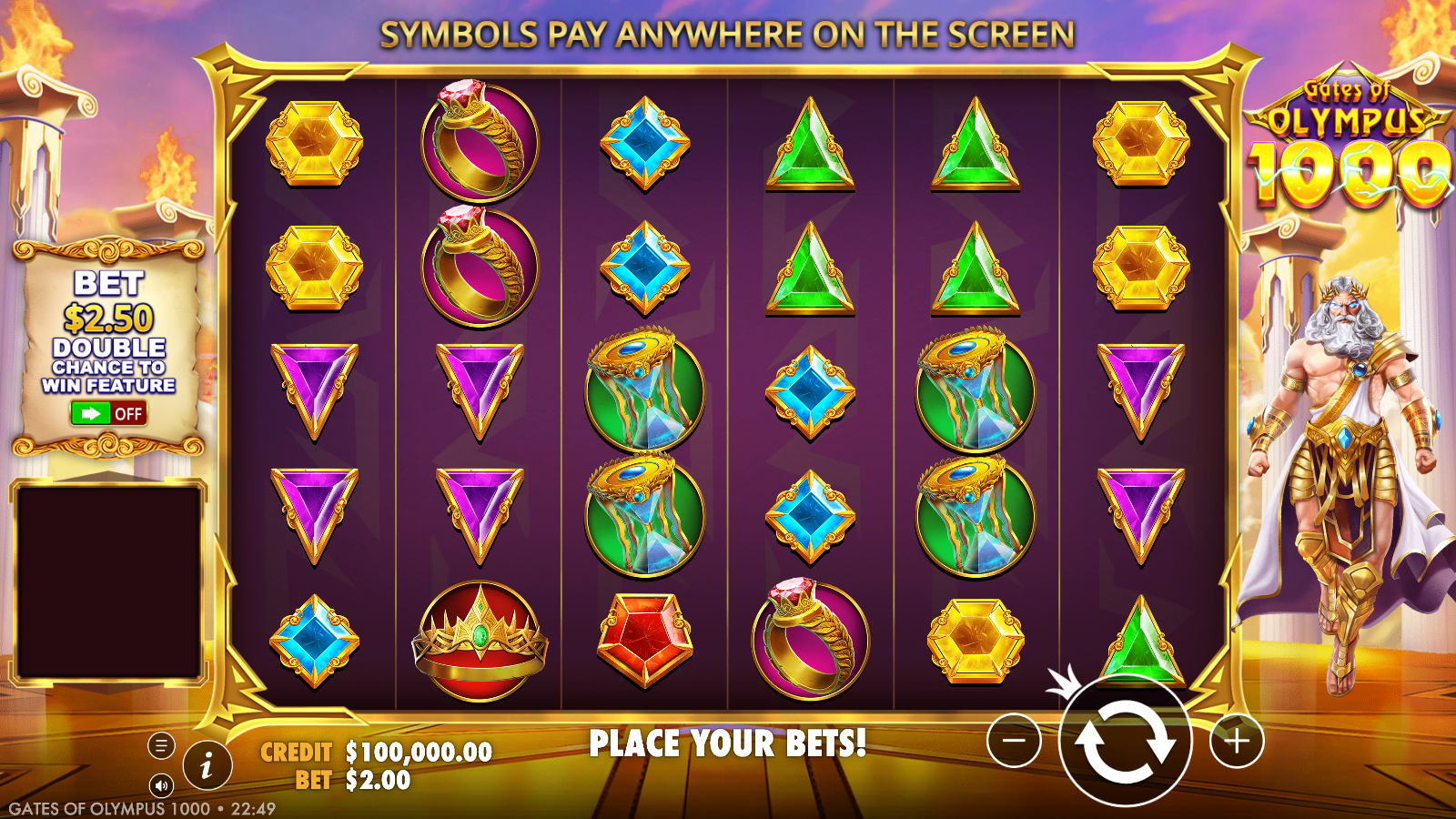 Gates of Olympus 1000 base game grid showing the 6×5 Pay Anywhere layout with Crown, Hourglass, Ring, Chalice and gemstone symbols against the Olympus backdrop
