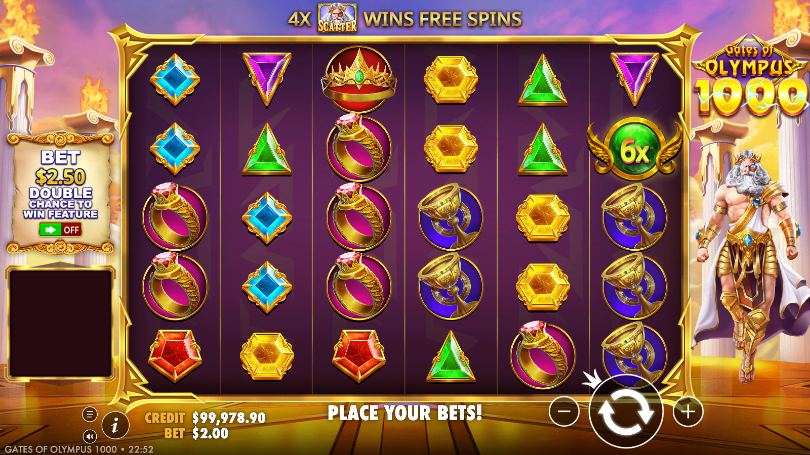 4X SCATTER WINS FREE SPINS announcement with a 6x multiplier orb live on the grid