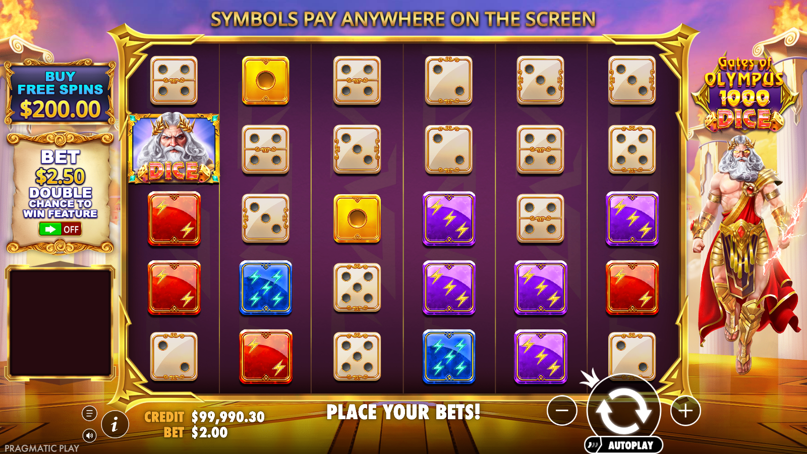 Gates of Olympus 1000 Dice base game, six by five grid of dice symbols with the Zeus DICE scatter on the first reel