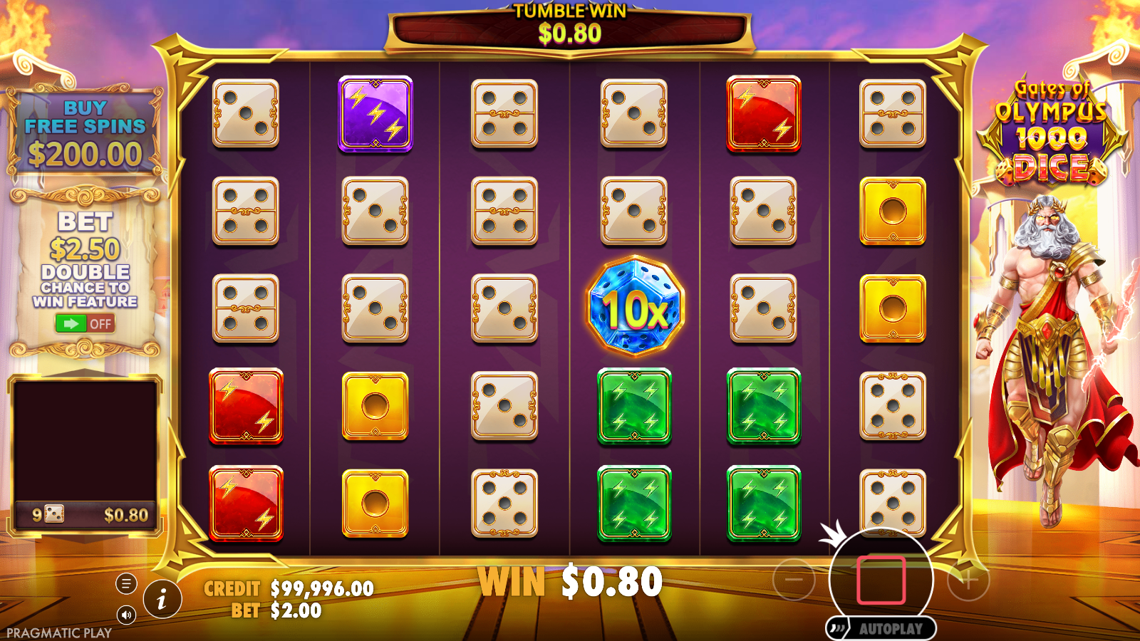 Base game tumble win of A dollar 0.80 with a blue 10x multiplier symbol on the fourth reel