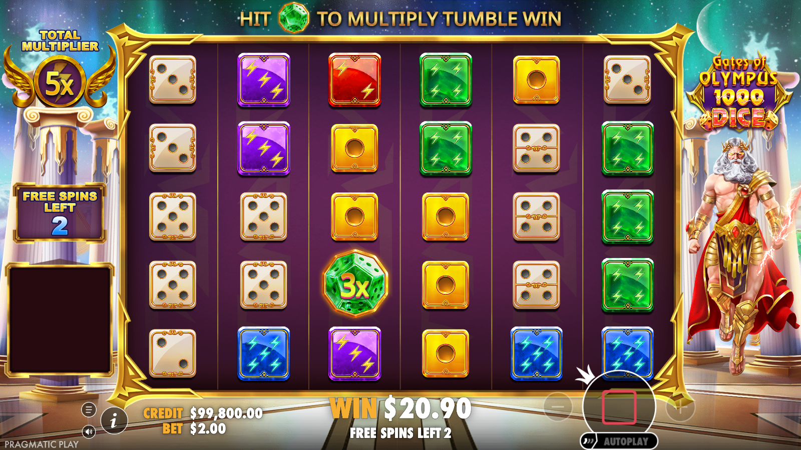 Free spins round with the TOTAL MULTIPLIER meter reading 5x, two free spins left and a round total of A dollar 20.90