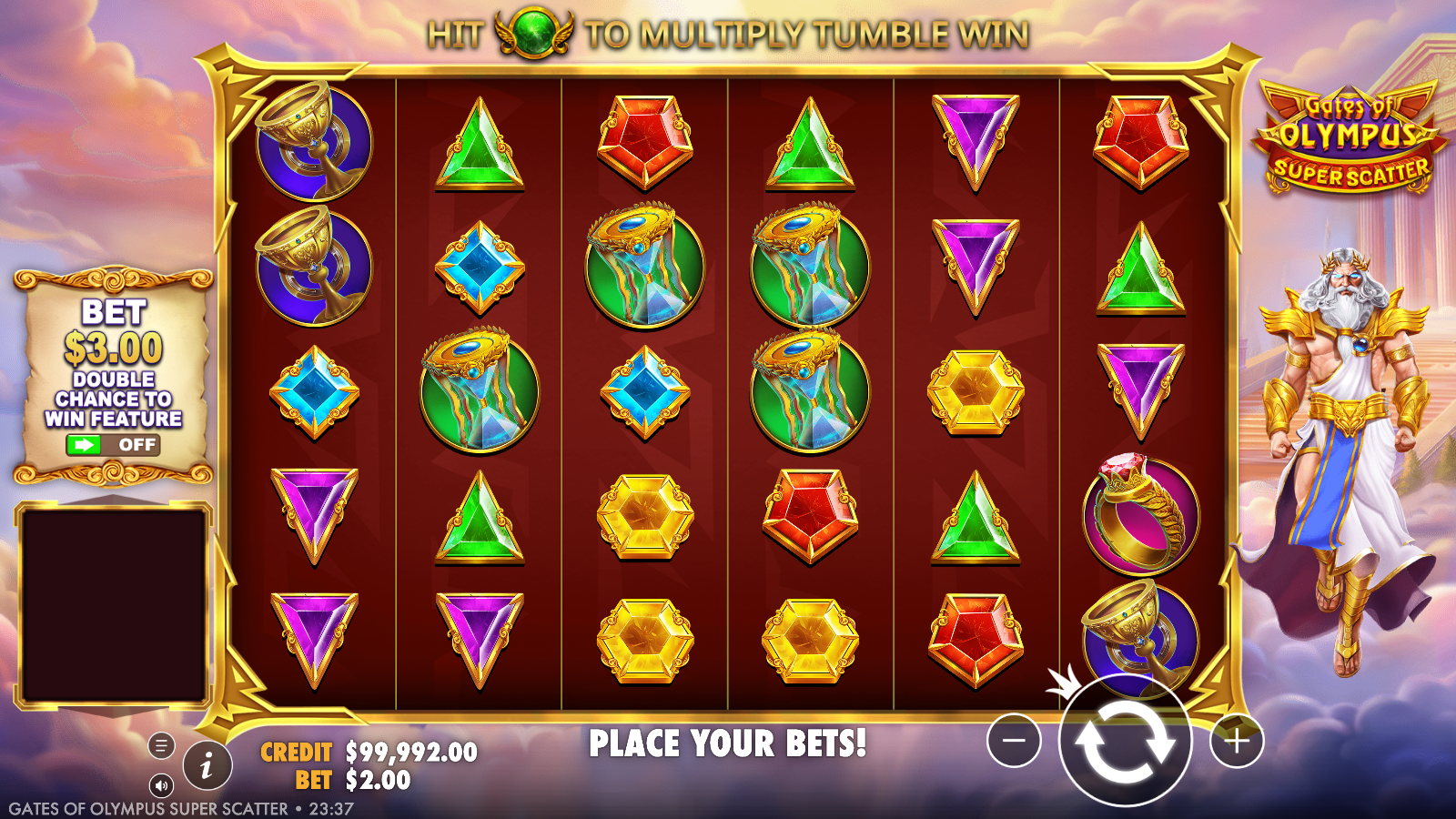 Gates of Olympus Super Scatter base game grid showing the 6x5 Pay Anywhere layout with Crown, Hourglass, Ring, Goblet and gemstone symbols against the golden Olympus backdrop