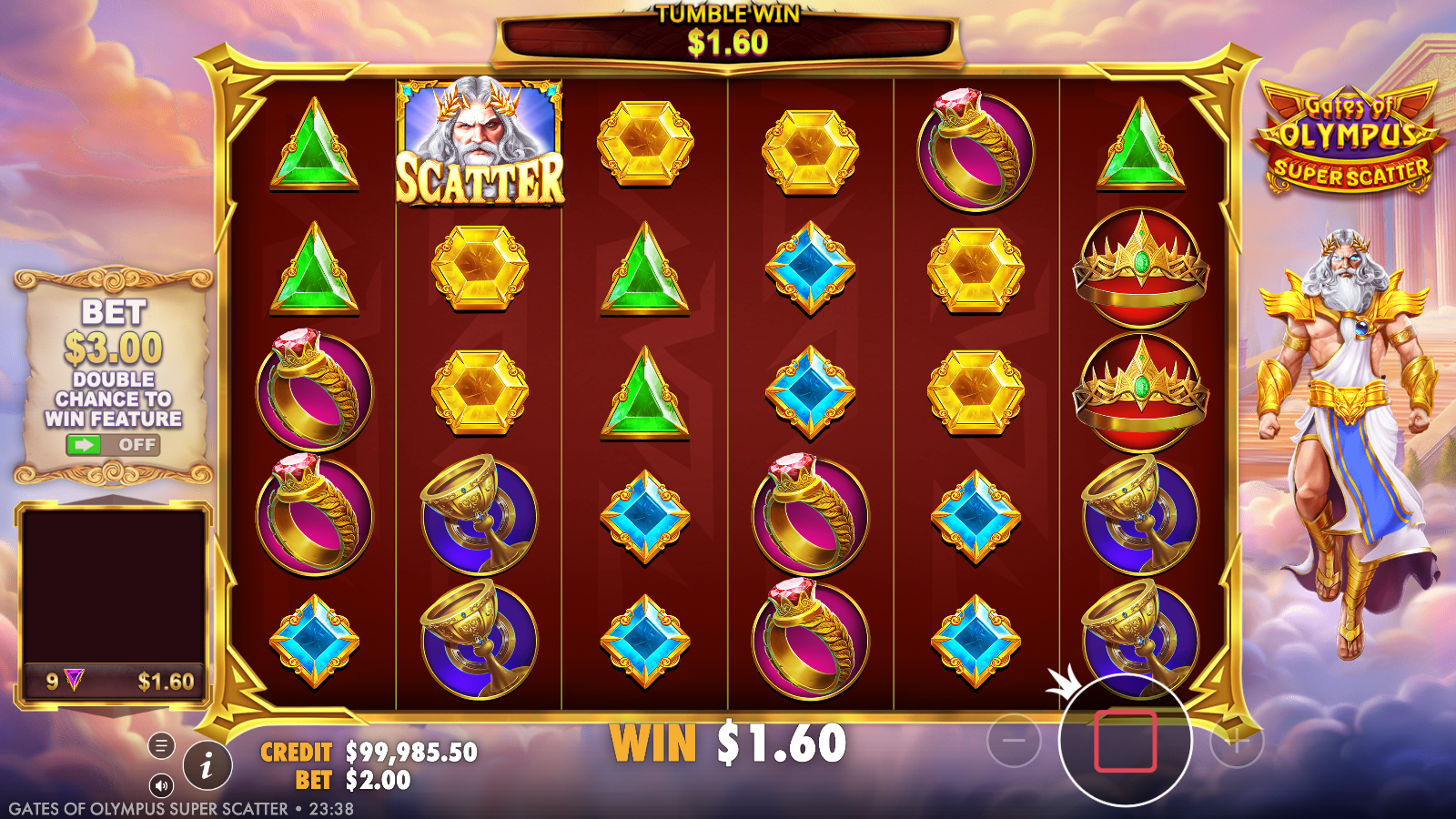 Free-spins trigger scene with multiple Super Scatter symbols on the grid and the instant payout banner displayed