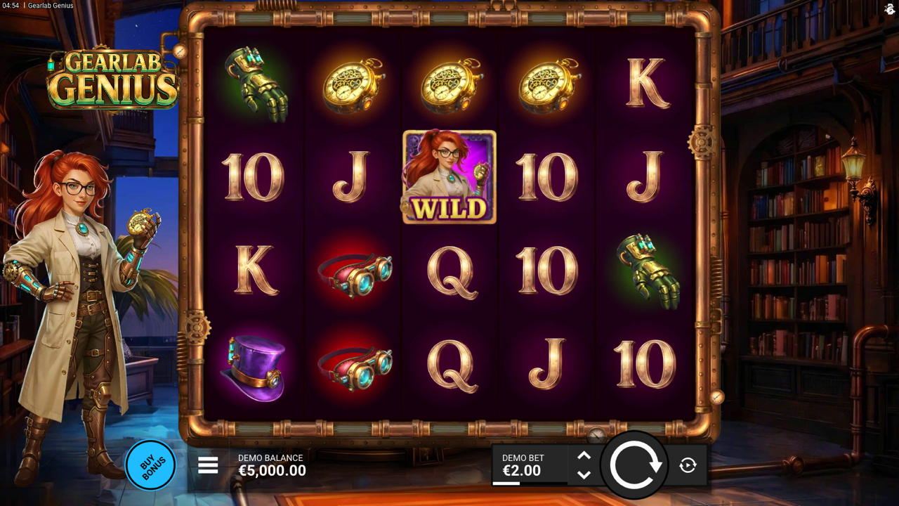 Gearlab Genius base game idle showing the 5x4 reel grid set inside a brass-framed Victorian library backdrop, the heroine WILD symbol on the centre row holding a glowing brass apparatus, K and J royal letter symbols populating most cells, a top hat and goggles visible on the lower rows and the red-haired inventor character standing left of the reels in a long lab coat