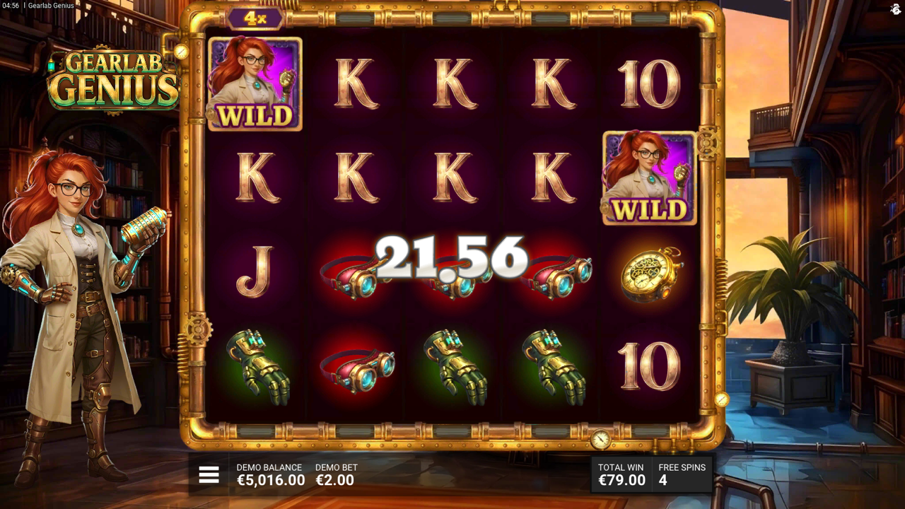 Gearlab Genius mid-Spark of Genius bonus spin with a 4x Reel Multiplier flagged above reel one, two heroine WILD symbols on the outer reels framing a winning pocket-watch line that displays 21.56 win, free spins counter showing 4 spins remaining and total win 79.00 above the reel frame