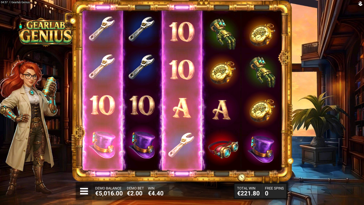 Gearlab Genius bonus spin showing three reels glowing pink and purple as synced reels with K and 10 royal symbols replicated identically across the synced positions, a 4x Reel Multiplier indicator above the grid, the heroine character in lab coat to the left and the brass-framed Victorian library backdrop