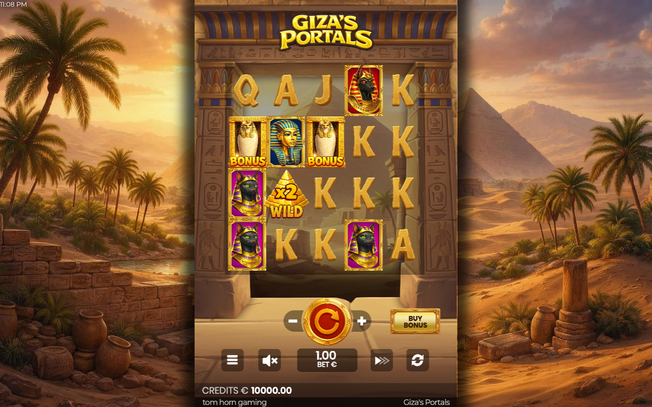 Giza's Portals base game showing the 5 by 4 reel grid with Egyptian deity and card-rank symbols and a Golden Pyramid wild carrying a multiplier, set in a desert landscape