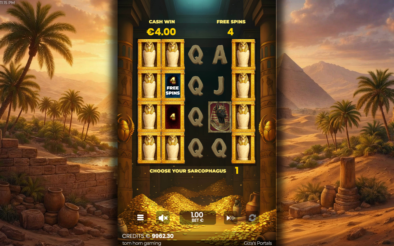 Giza's Portals Tomb Pick-Up Bonus pick screen, a grid of sarcophagus boxes being opened to reveal cash and free-spin awards, with the cash-win and free-spins counters at the top