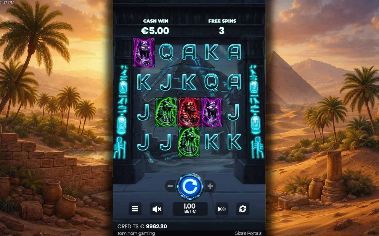 Giza's Portals free spins round on the darker night reels, with Golden Pyramid multiplier wild symbols landed on the grid and the cash-win and free-spins counters running