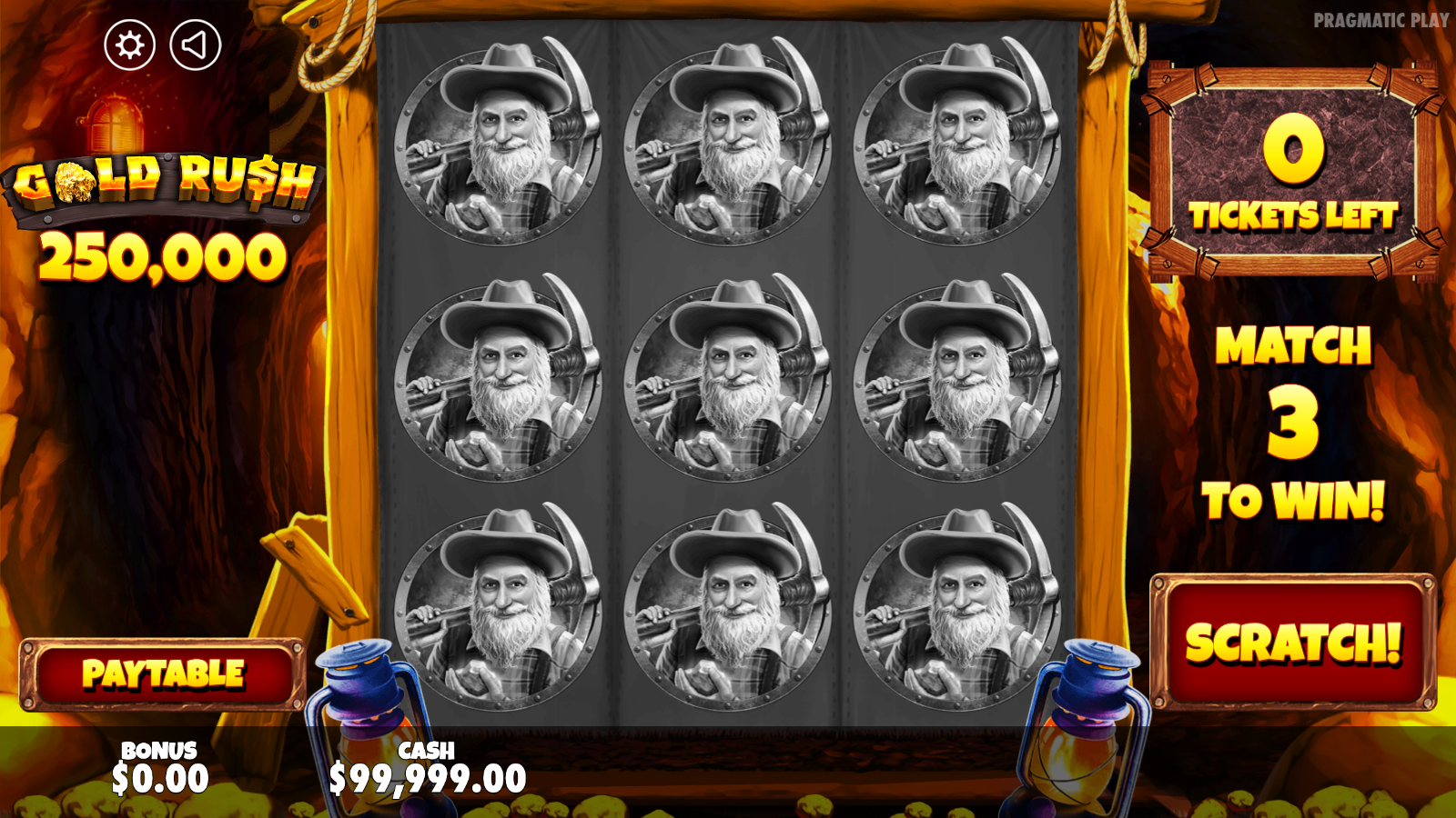 A freshly bought Gold Rush 250,000 scratchcard showing nine prospector-themed panels in a three by three grid with the scratch button and the match-three goal
