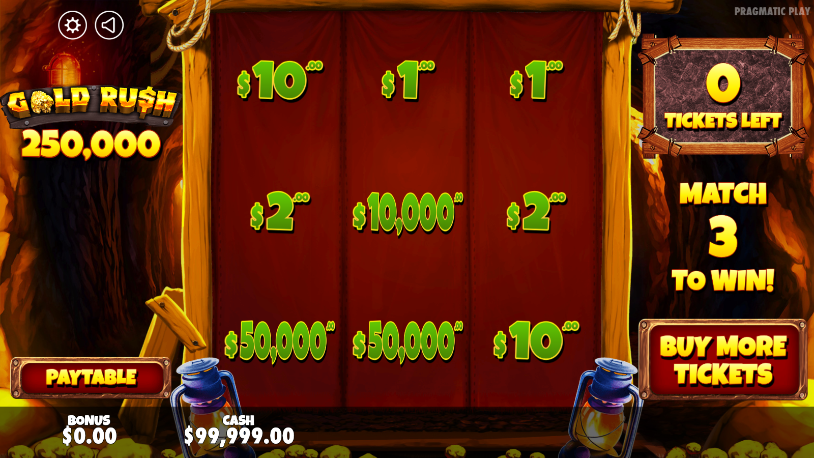The same Gold Rush 250,000 scratchcard fully scratched with all nine panels revealed and no matching trio landing