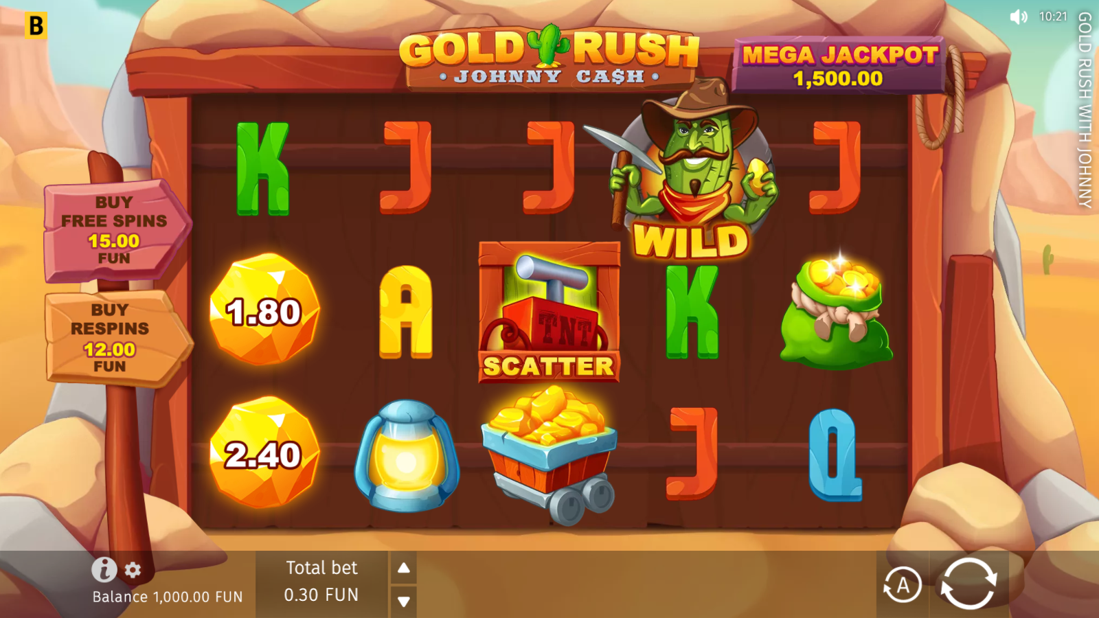 Gold Rush with Johnny Cash base game 5x3 grid showing the Johnny Cash Wild centre, TNT Scatter on reel 1, Mining Cart and premium symbols
