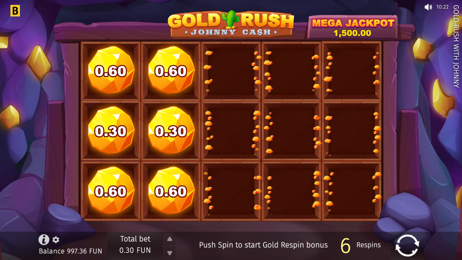 Gold Respin Hold and Win bonus triggered with six locked Coin symbols and a 6-respin counter ready to start