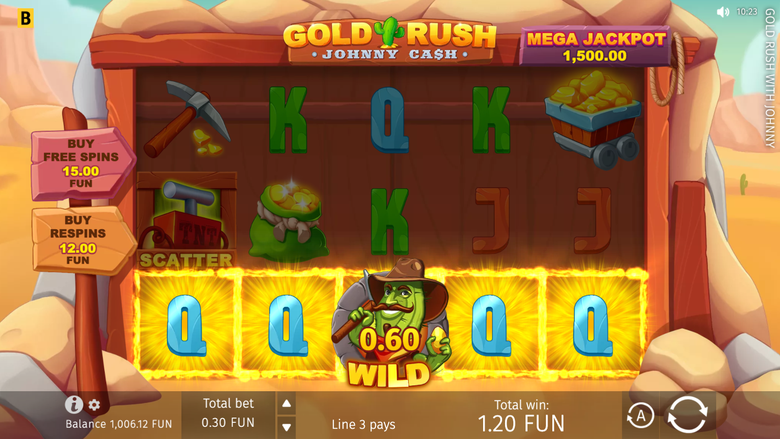 Five-of-a-kind base game win with the Johnny Cash Wild substituting on a Queen payline