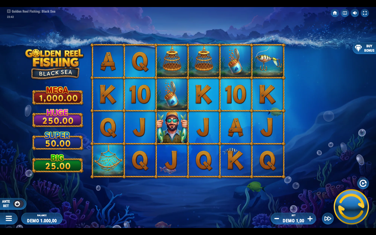 Golden Reel Fishing: Black Sea base game 6 by 4 grid set in the underwater Black Sea scene, with the four-tier Mega, Huge, Super and Big money ladder shown beside the reels