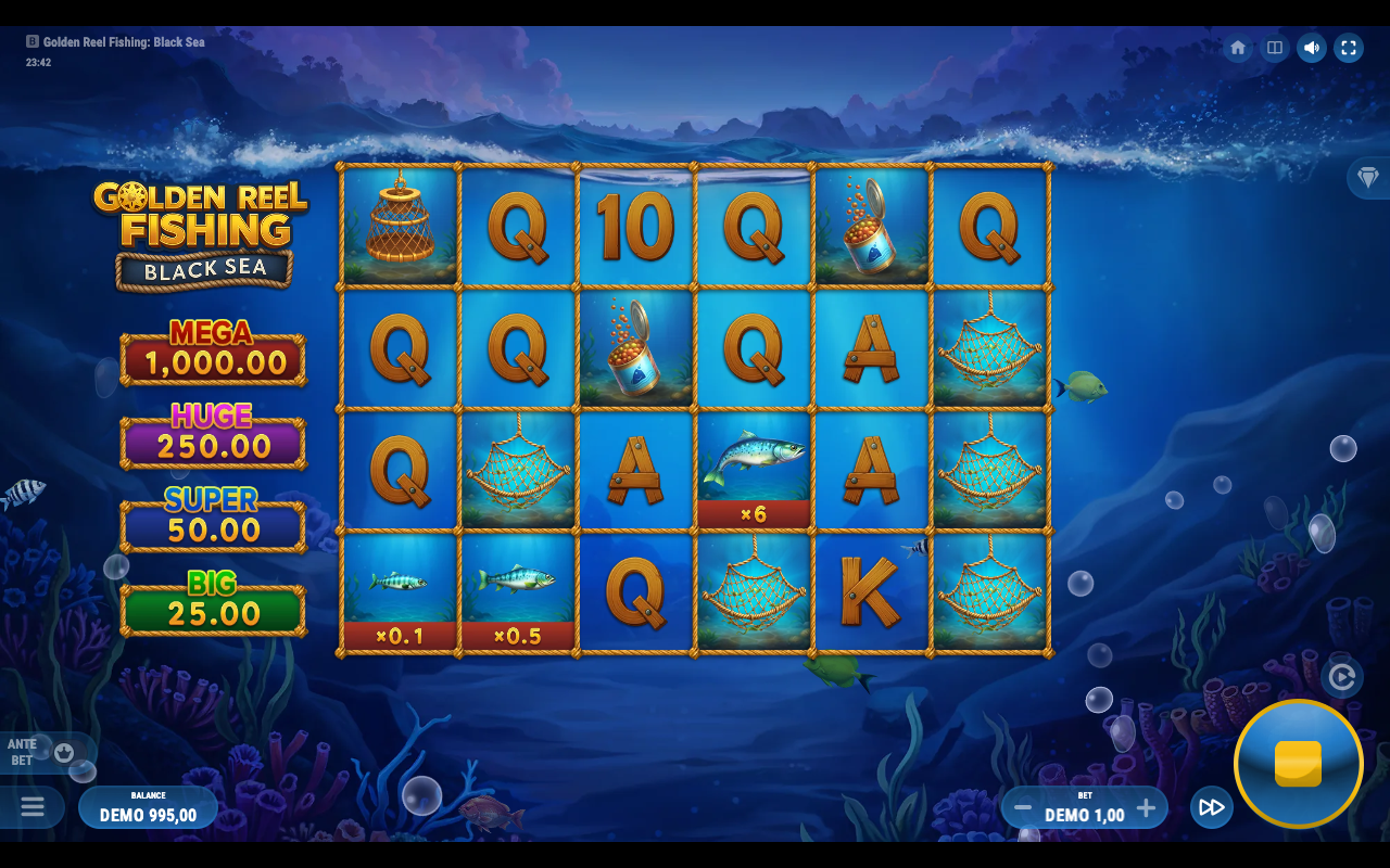 Golden Reel Fishing: Black Sea base reels with several cash-value fish symbols landed on the board showing their collect values