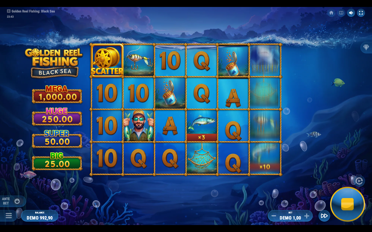 Golden Reel Fishing: Black Sea base reels showing a Scatter symbol, the symbol that triggers the Hold and Spin bonus when two land