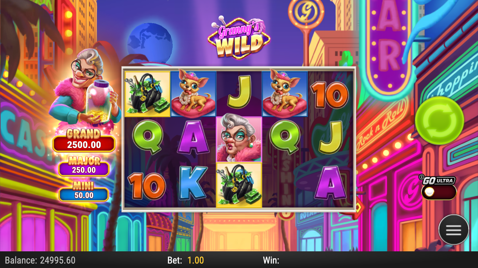 Granny's Wild base game showing the 5x3 grid in default ready state with Granny, Dog, Royal A K Q J 10 symbols on the neon-lit cityscape backdrop and the Grand 2500 Major 250 Mini 50 jackpot ladder visible on the left rail