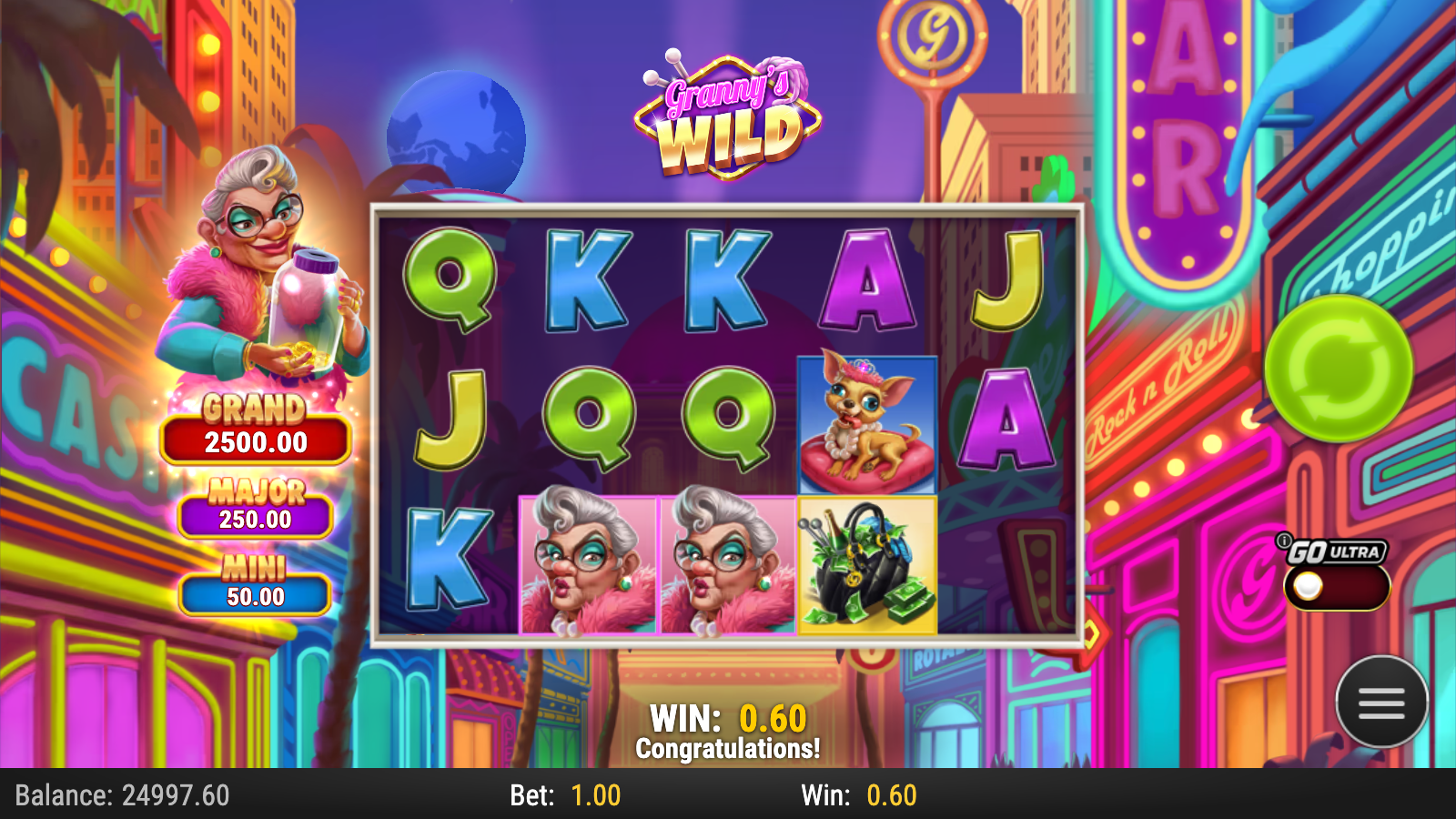 Granny's Wild base-game payline win showing two Granny premium symbols on reel 3, K Q J royal stacks across the top rows and the Dog premium right of centre with a 0.60 win posted in the counter at A$1.00 bet