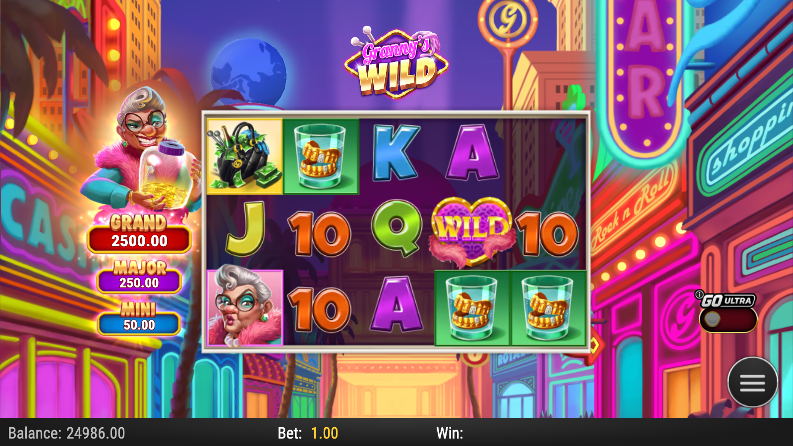 Granny's Wild reels showing the heart-shaped Wild substitution symbol on reel 4 alongside Dog premium, whiskey tumbler, Q J A royal ranks and a Granny premium on the bottom row with the GO Ultra button visible on the right rail