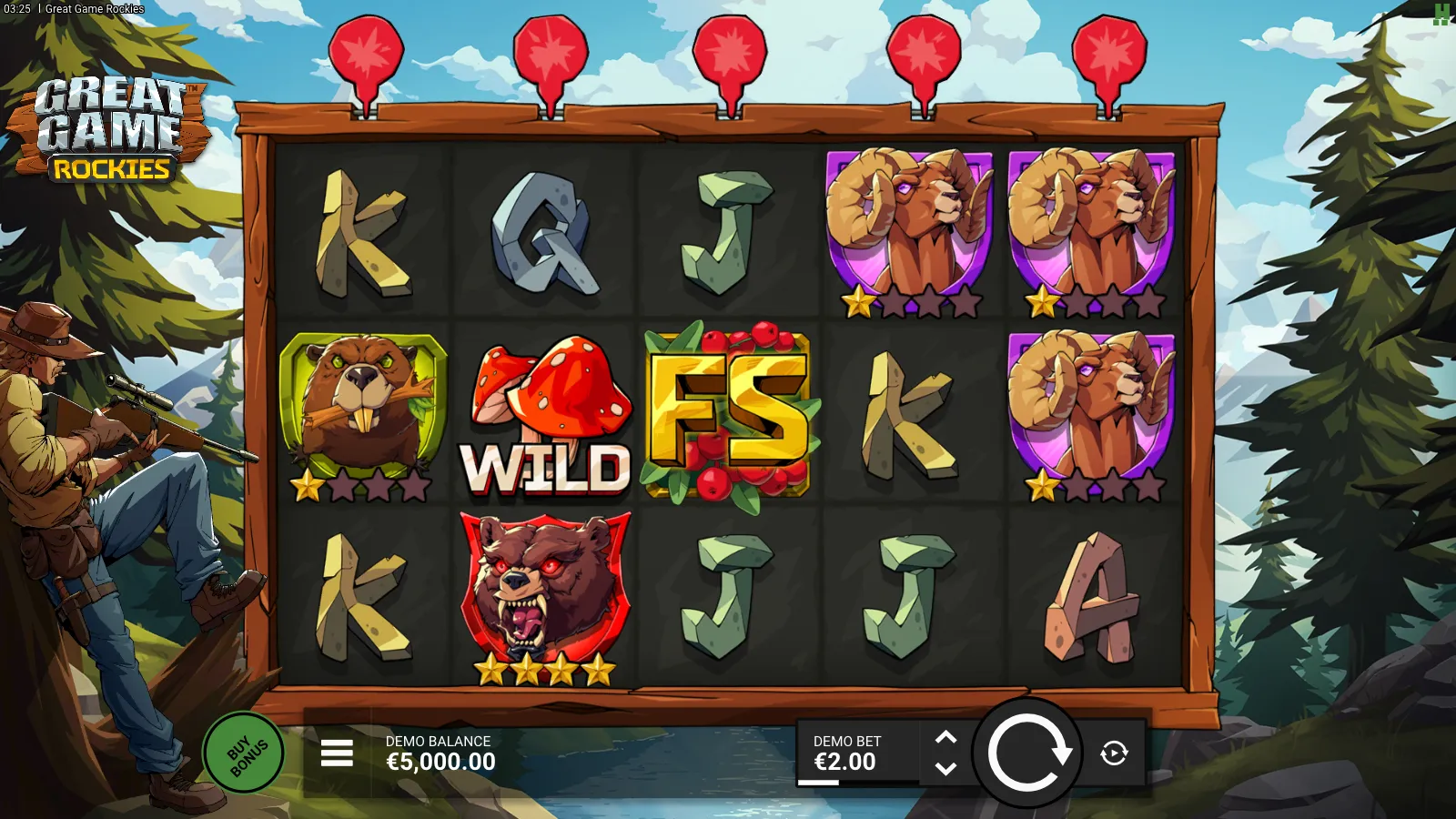 Great Game Rockies base game grid with the hunter character on the left of the reels firing at targets above each column, mushroom Wild symbol mid-grid, FS scatter on reel three and a 4-star ram high-pay symbol against the Rocky Mountains background