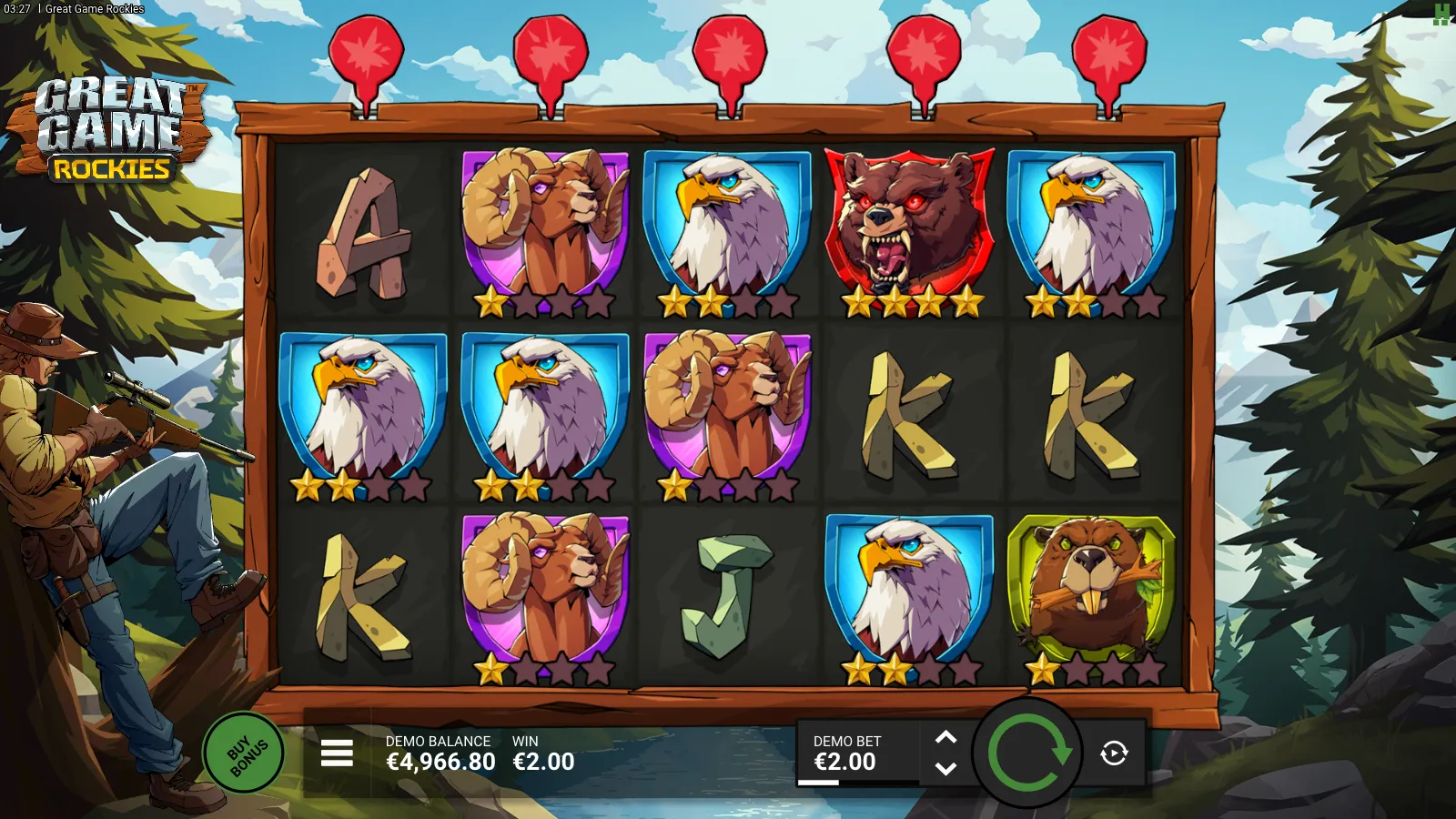 Great Game Rockies base game showing a 4-star bear symbol top-right of the grid, multiple Star-tier Animal symbols (3-star eagle, 2-star ram, 1-star beaver) and a colour-coded Star border system across the reels