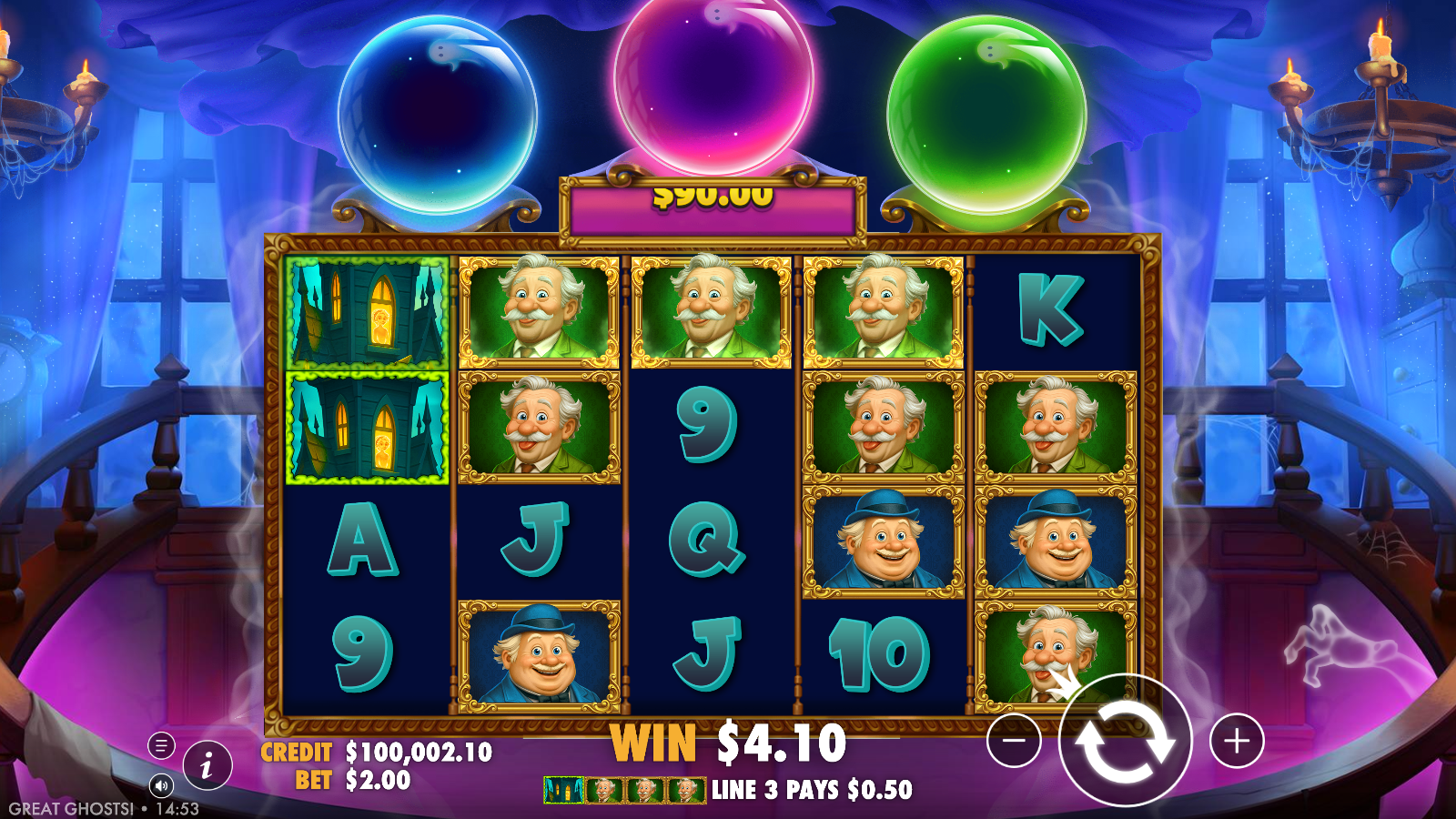 Great Ghosts base game 5×4 grid mid-pay, with a winning line highlighted and a collector pot lit above the reels