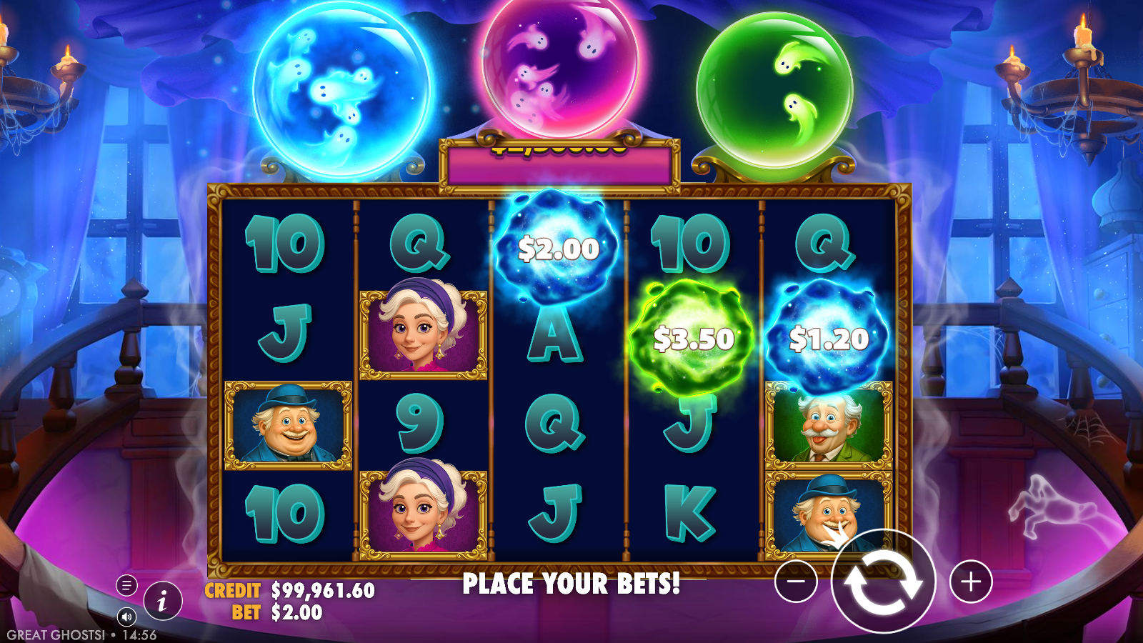 Three glowing money symbols landing across the Great Ghosts reels at once, each carrying a cash value
