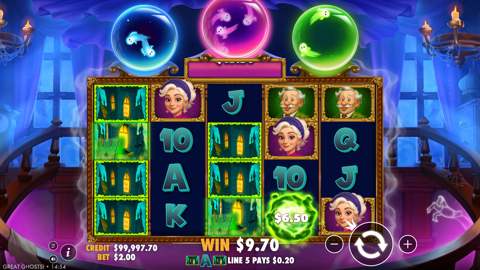 A larger Great Ghosts base-game payout with a money symbol, sticky mystery columns and ghosts filling all three pots