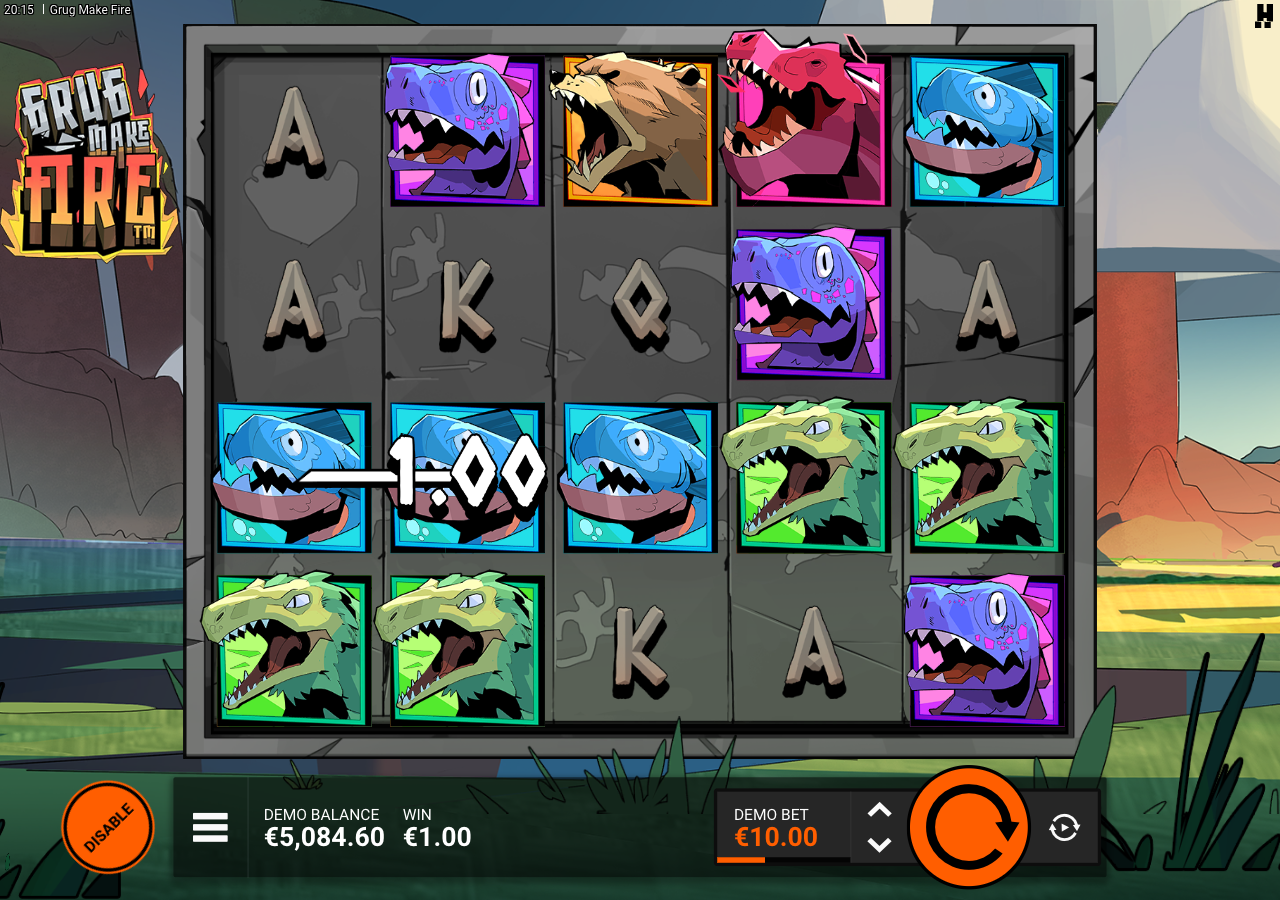 Grug Make Fire base game 5 by 4 grid with prehistoric symbols on a A$10 stake spin showing a single payline win
