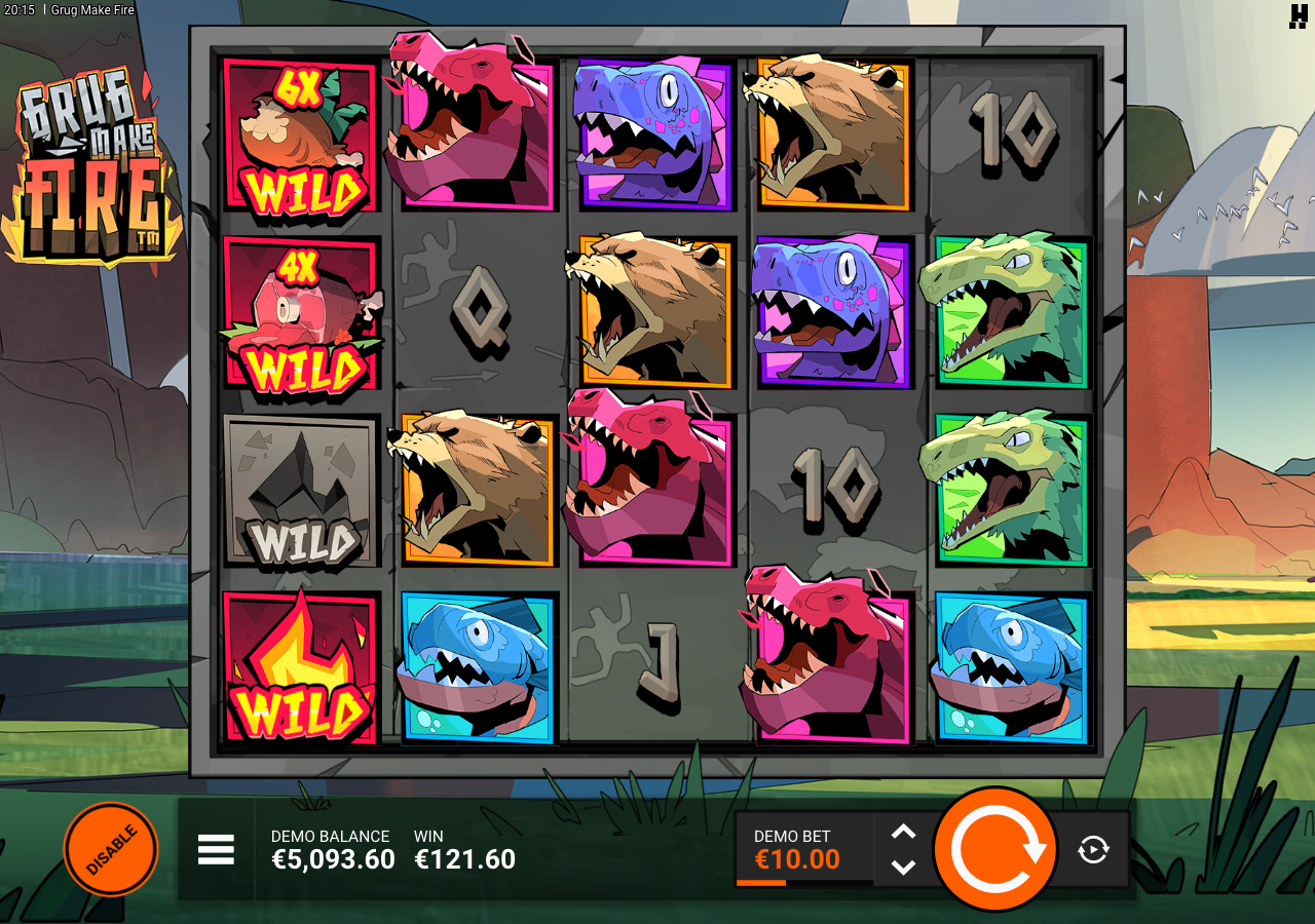 Grug Make Fire base game spin with two Burning Wilds on reel one carrying 4x multipliers and a A$121.60 total win