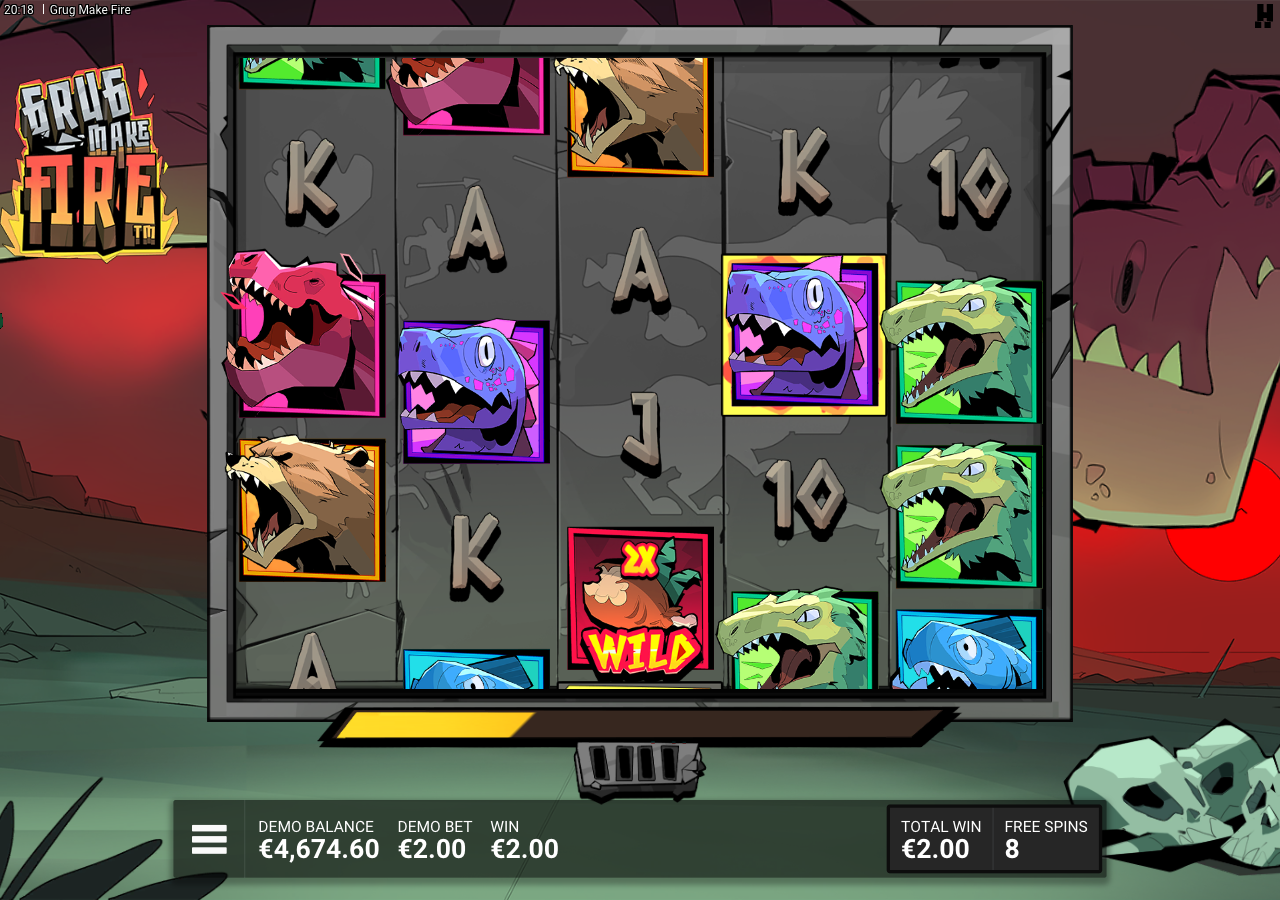 Grug Make Fire Wildfire bonus round mid-feature on a A$2 stake with 8 free spins remaining and a single Wild on the grid