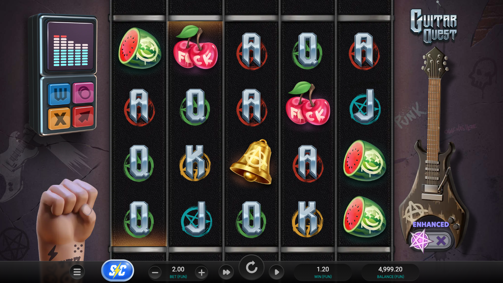 Guitar Quest base game grid in pre-spin idle state with the Equalizer modifier panel visible
