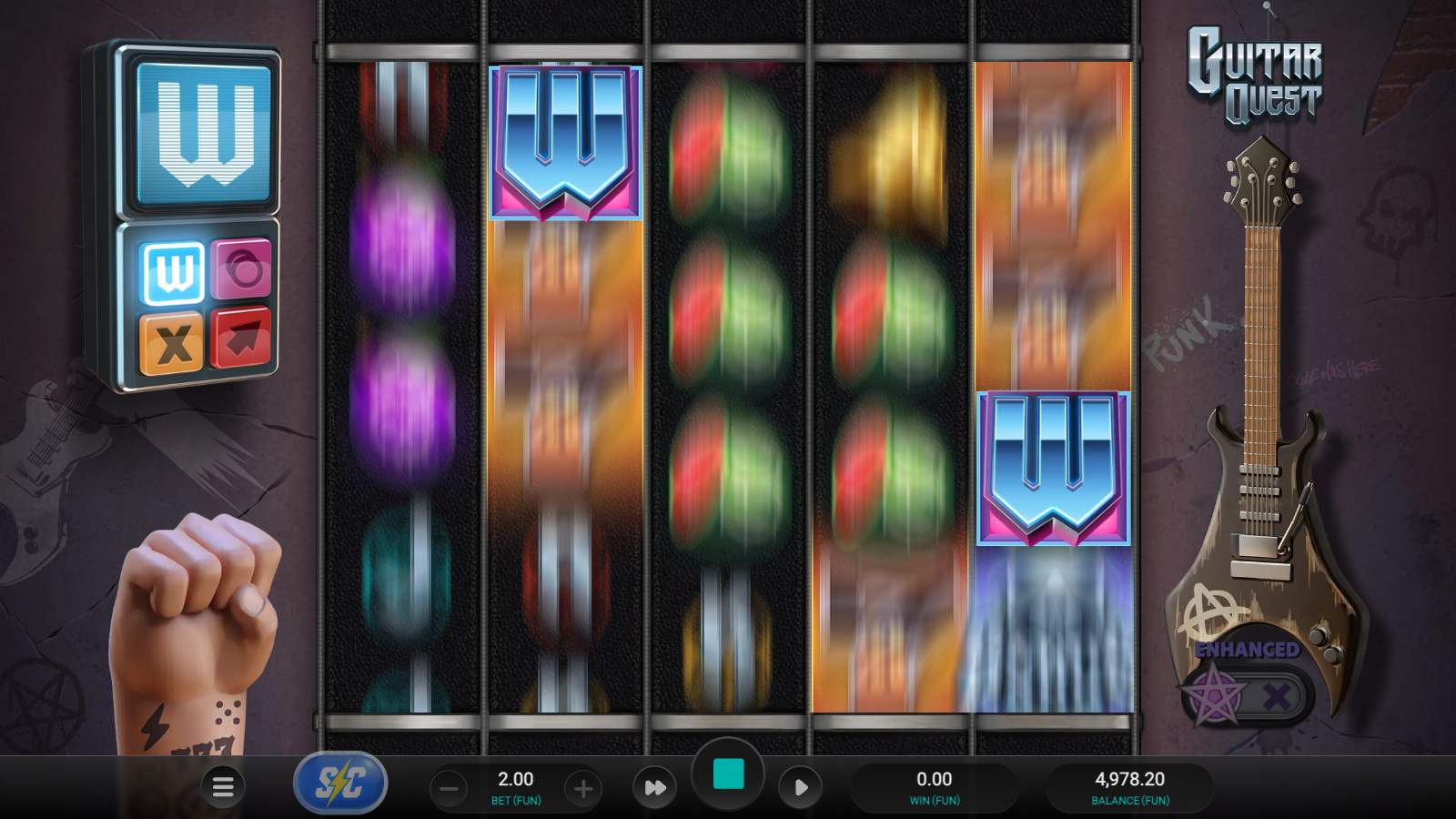 Equalizer Wild Jam modifier firing mid-spin with stacked guitars dropping onto reels 1 and 4