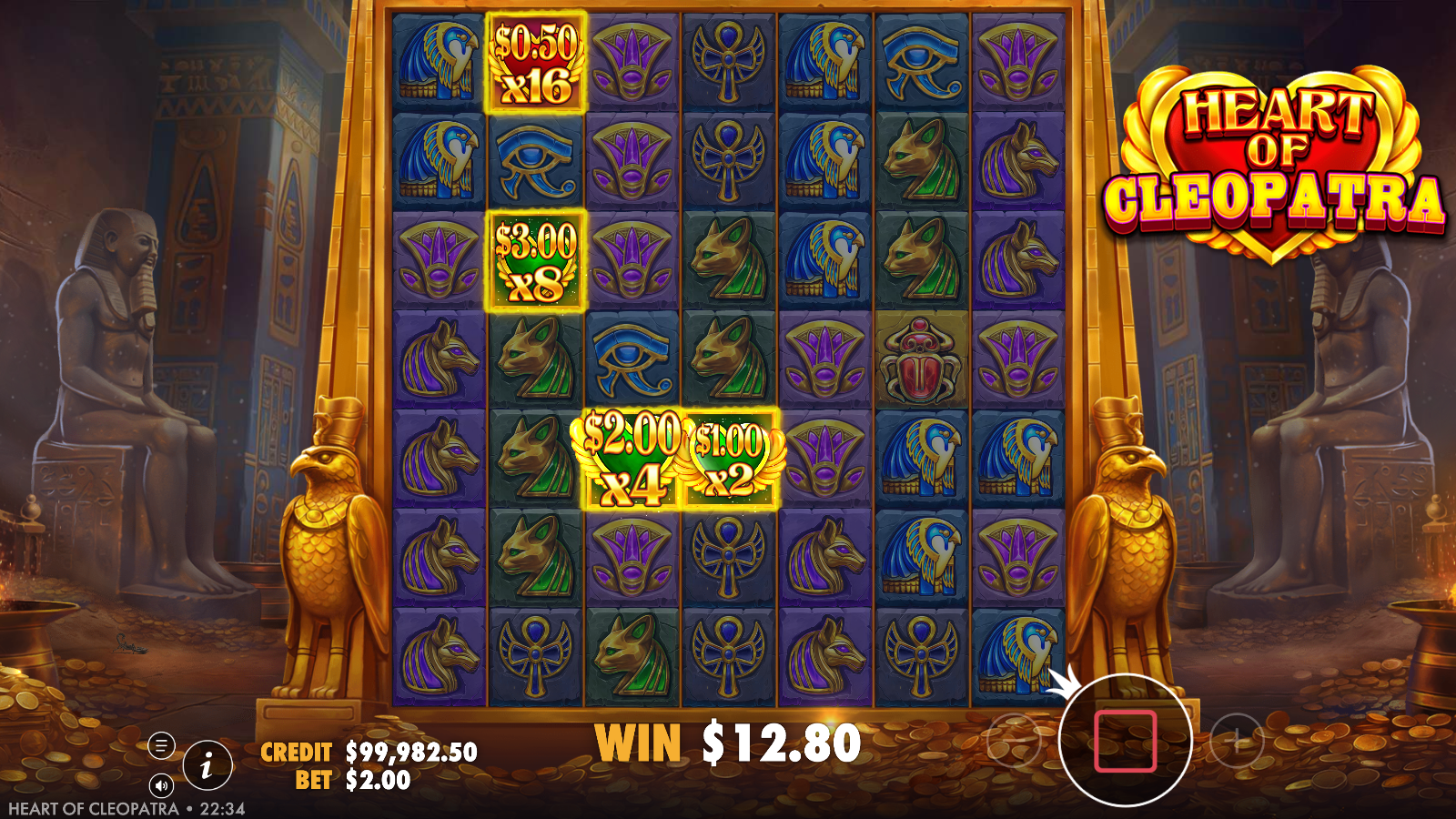 Four heart-shaped Money Spots lit mid-tumble carrying multiplier tiers from ×2 up to ×16 over resolving cash values